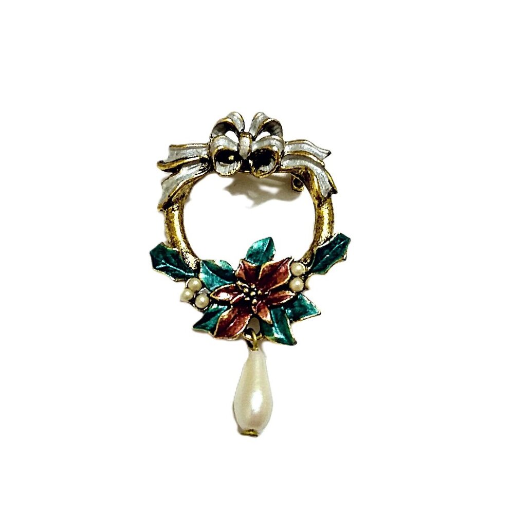 Vintage Christmas Brooch Poinsettia Faux Pearl Wreath